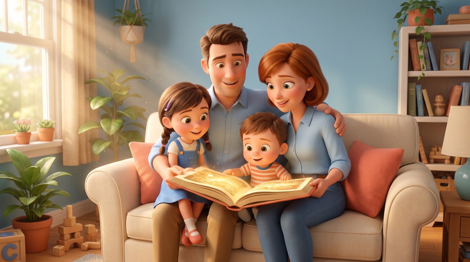 Família lendo a Bíblia juntos, estilo Pixar