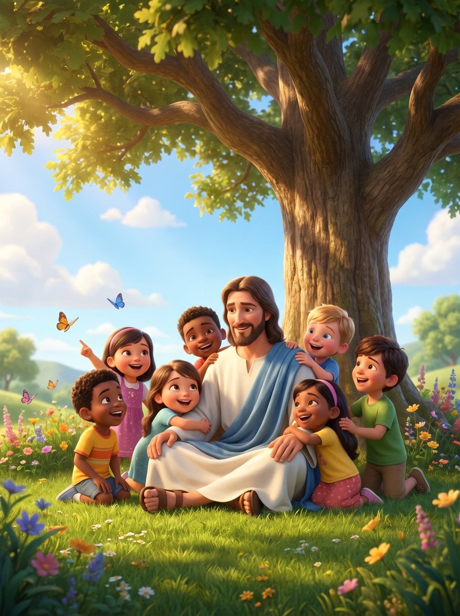 Jesus rodeado de crianças felizes, estilo Pixar